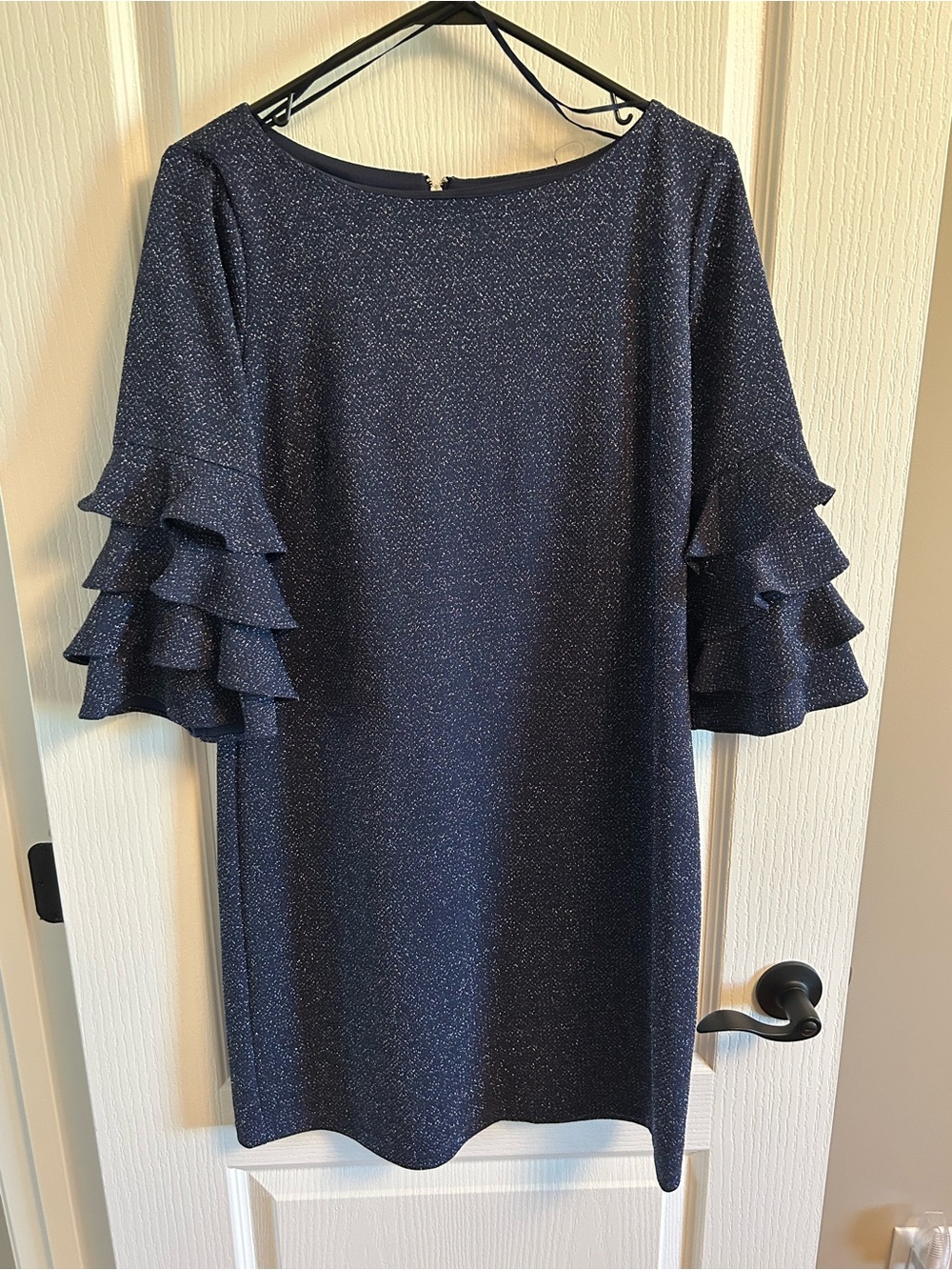 Glamour Navy Sparkle Ruffle-Sleeve Shift Dress